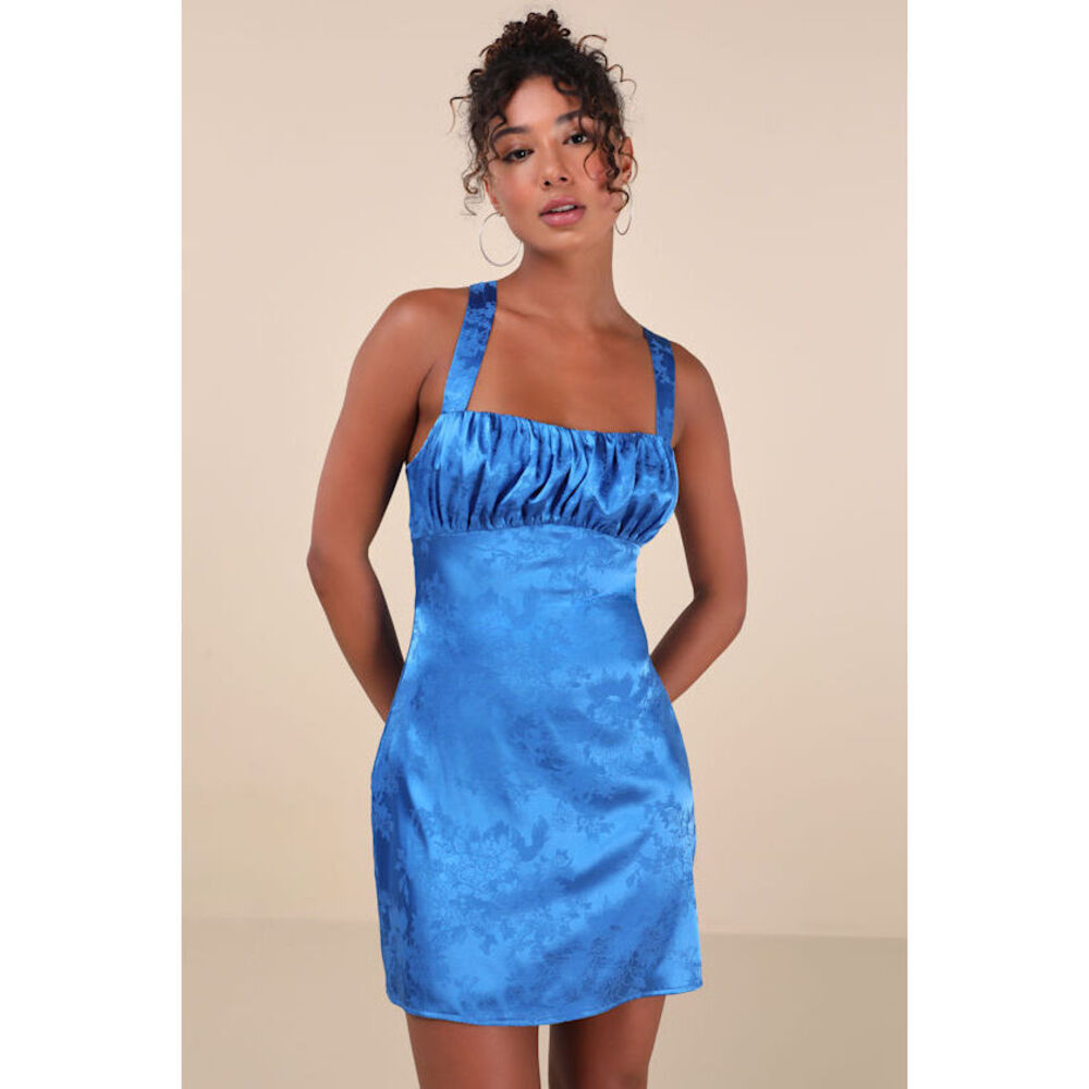 Lulus Blue Floral Satin Lace-up Mini Dress - Size S